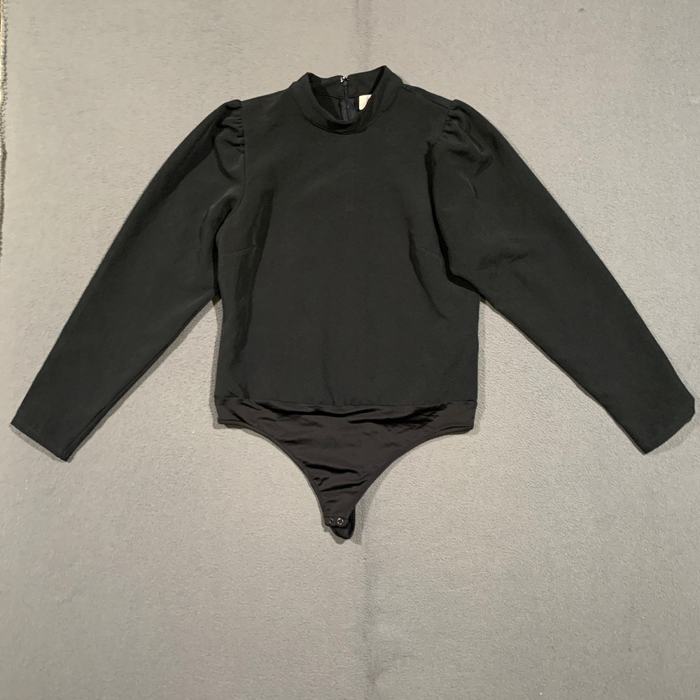 Joie Bodysuit Women Medium Black Mock Neck Puff Sleeve Long Sleeve Thong Back